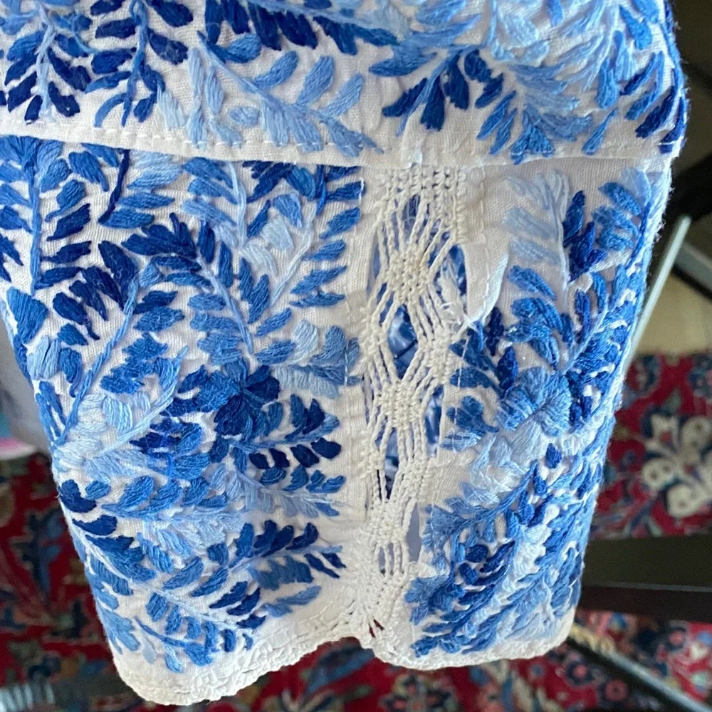 Vintage Mexican colonial cottonWhite and Blue Embroidered Dress - Picture 3 of 7